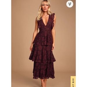 Lulus Molinetto Burgundy Lace Ruffled Tiered Sleeveless Maxi Dress